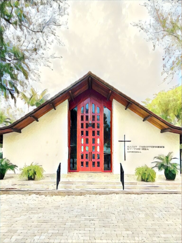 Historic church entrance at St. Christopher's By-the-Sea, welcoming families to the admissions process in Key Biscayne, Florida.